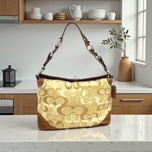 Vintage Coach Chelsea Optic Signature Demi w/ Brown Suede Trim & Leather Handle